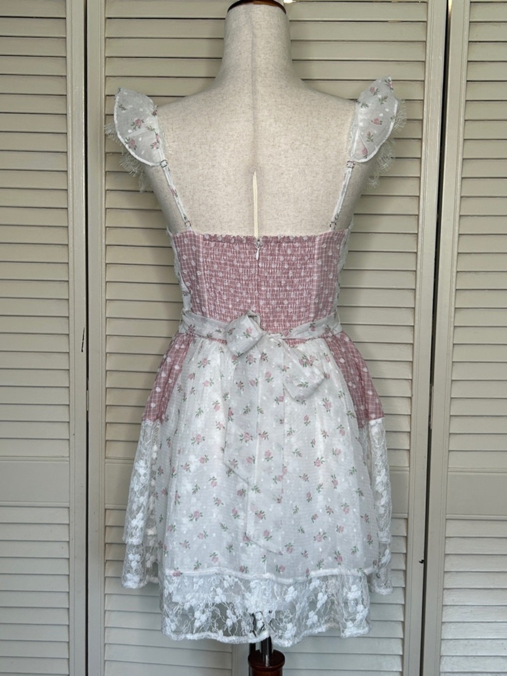 Altar'd State Pink & White Floral Gingham Ruffle Chemise - Picture 6 of 8